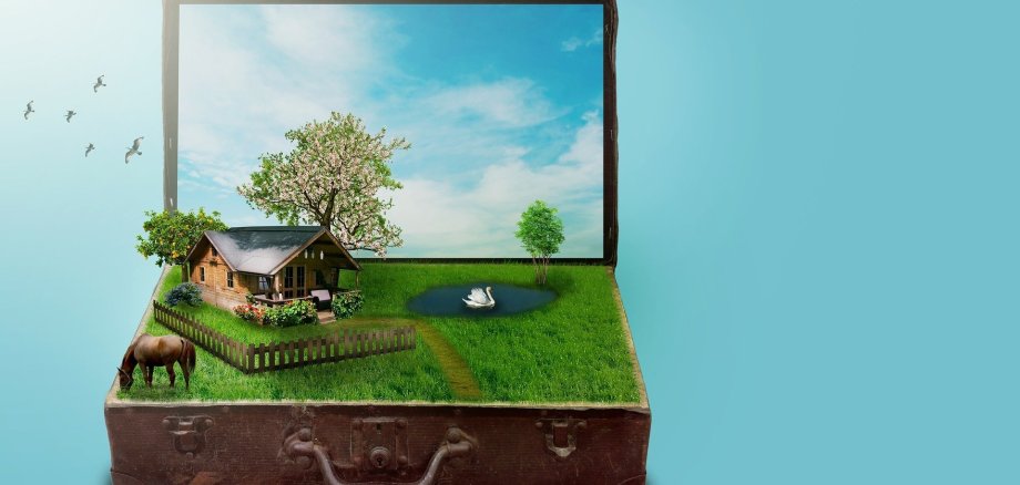 Ein kleines Haus mit Zaun, Teig, auf dem ein Schwan schwimmt, Pferd steht vor dem Zaun und ein blühender Baum ergänzt die Grafik. Alles als Innenleben eines Koffers dargestellt. 