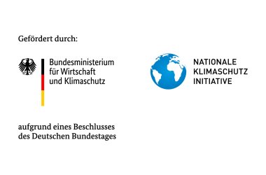 LOGO Klimaschutzförderung. Schriftzug: Gefördert durch Bundesministerium für Wirtschaft und Klimaschutz, Nationale Klimaschutzinitiative, auf Grund eines Beschlusses des Deutschen Bundestages. 