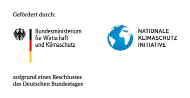 LOGO Klimaschutzförderung. Schriftzug: Gefördert durch Bundesministerium für Wirtschaft und Klimaschutz, Nationale Klimaschutzinitiative, auf Grund eines Beschlusses des Deutschen Bundestages. 