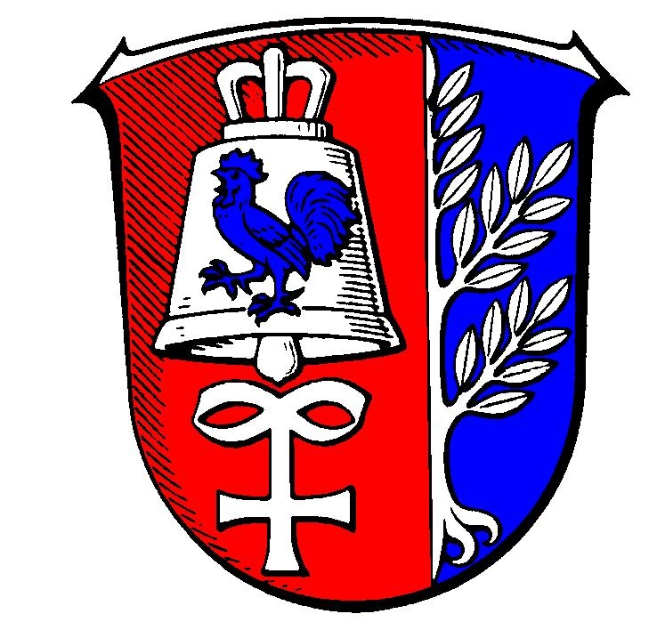 Glocke mit Hahn, Baum blau, rot weiß