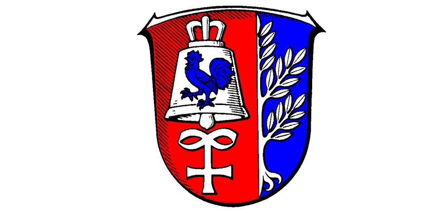 Glocke mit Hahn, Baum blau, rot weiß