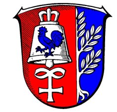 Wappen der Gemeinde Helsa Glocke mit Hahn, Baum blau, rot weiß