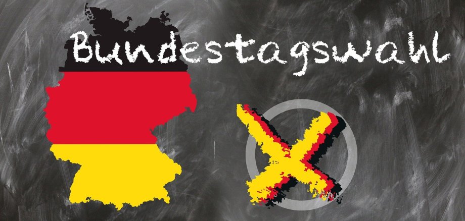 Grafik zu Bundestagswahl: Karte der BRD in Nationalfarben, Stimmkreuz auf eine Schultafel. Überschrift: Bundestagswahl
