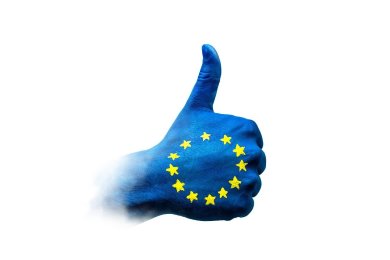 Blaue hand auf hellem Hintergrund mit Europasternen, Daumen hoch